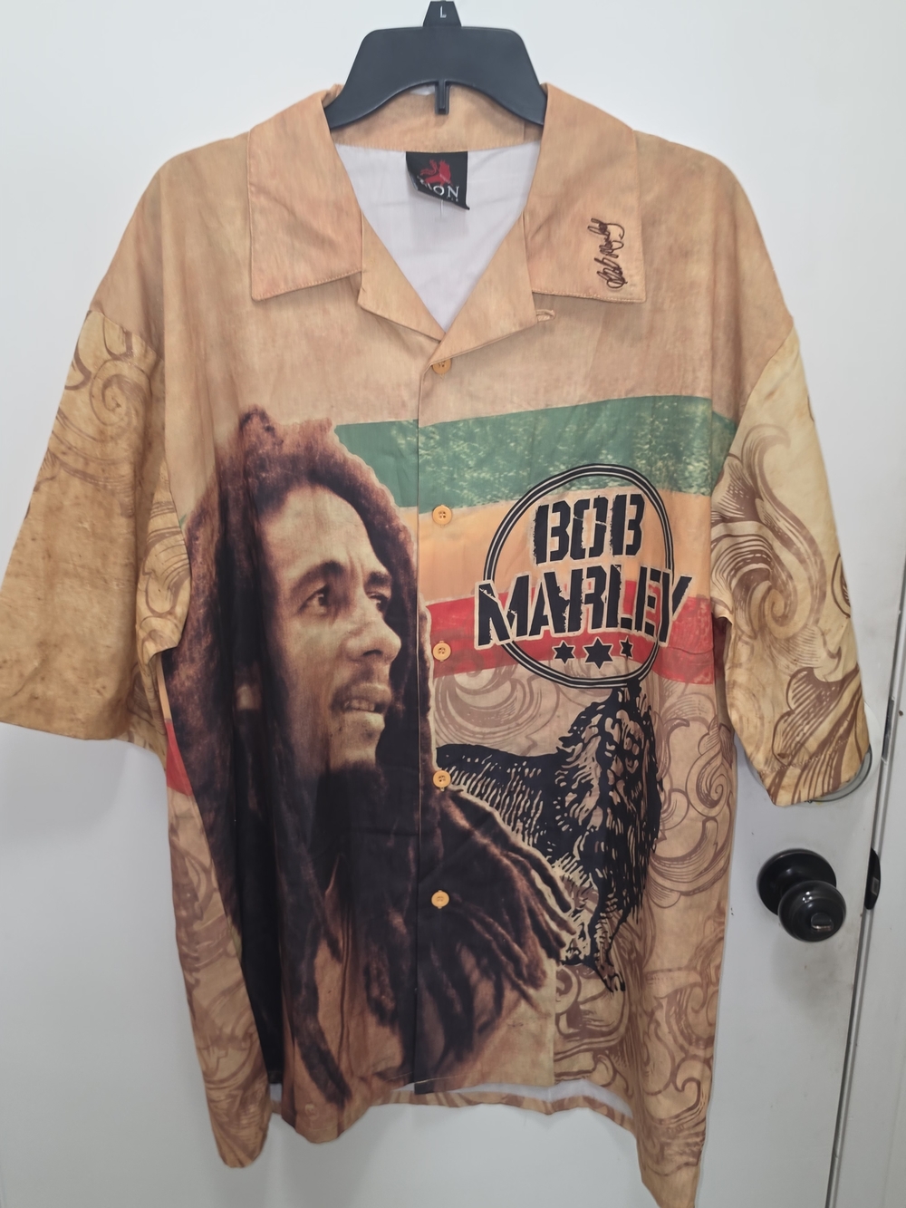 Zion Rootswear Bob Marley Graphic Camp Shirt - Tan/Green/Red/Black